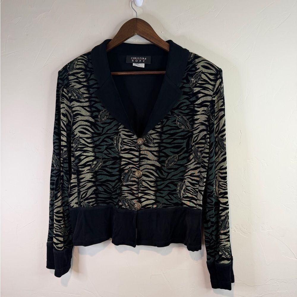 Vintage Christina Kope Zebra Print gold Button Front Cardigan